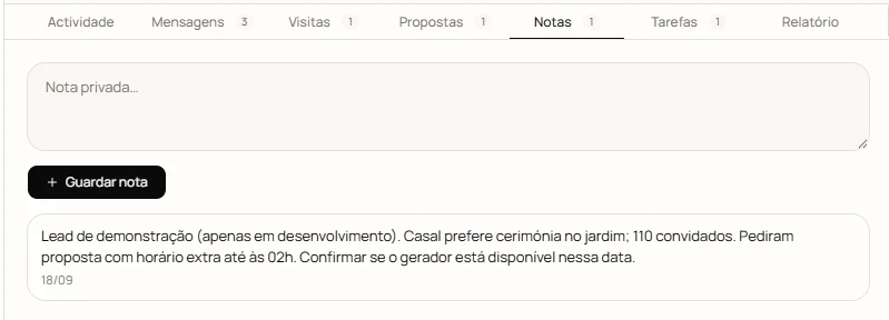 Notas privadas por lead no CRM Celebria
