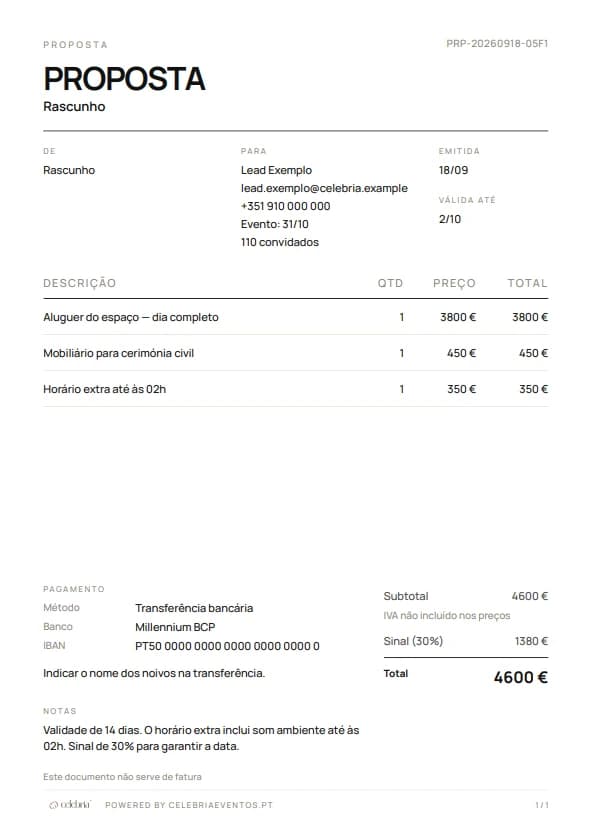 Orçamento em PDF gerado no CRM Celebria